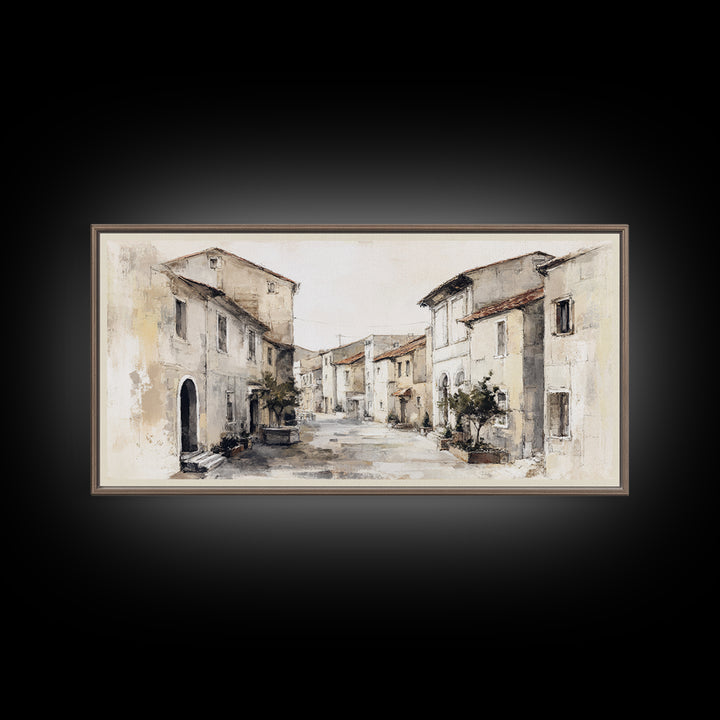 Soft Watercolor Village Street at Dawn Framed Canvas Print, Bed and Breakfast Art, Printable, Living Room Decor, Fine Art, BAB-2x1-1