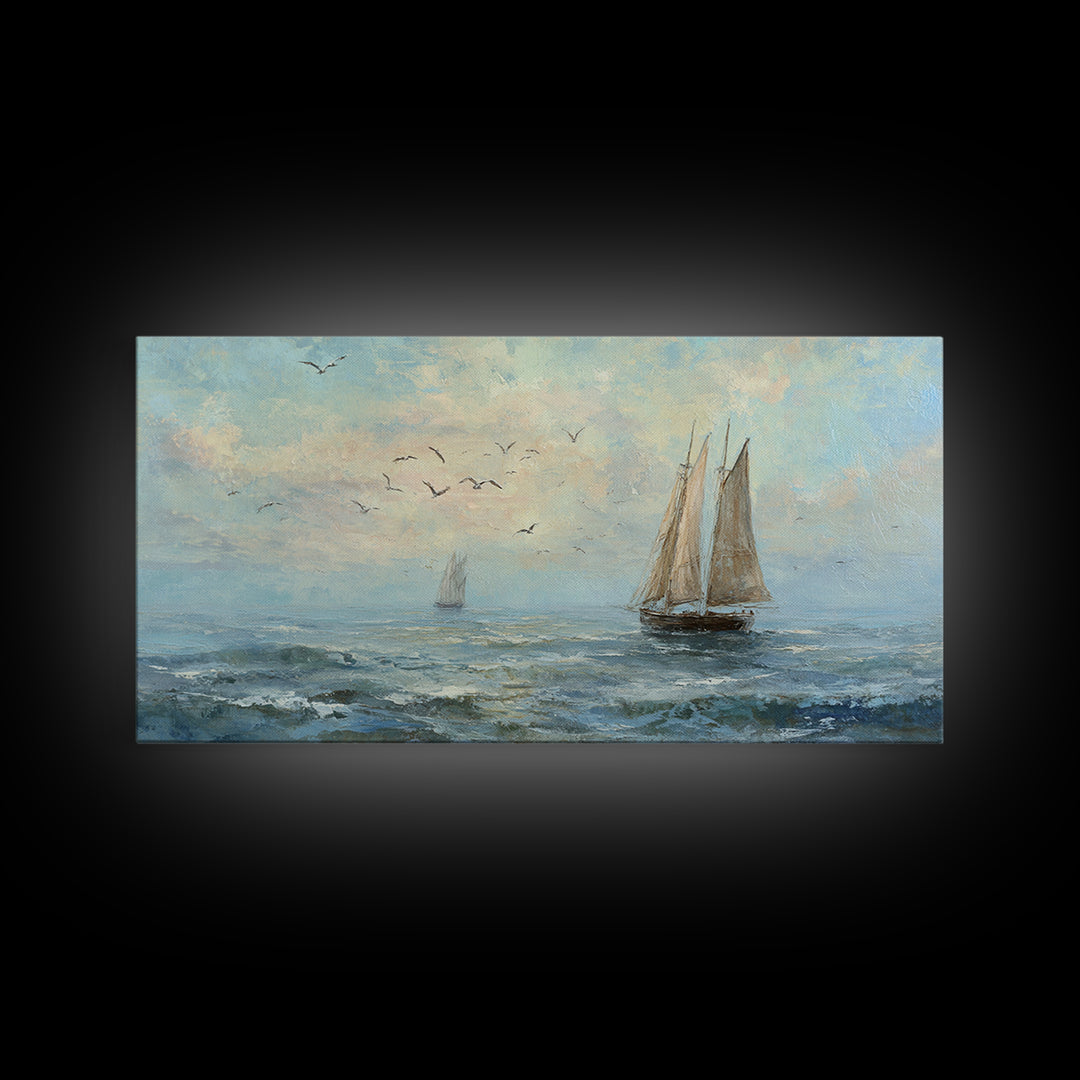 Coastal Inn Sailboat at Sunrise Framed Canvas Print, Bed and Breakfast Art, Print, Living Room Decor, Fine Art, BAB-2x1-13