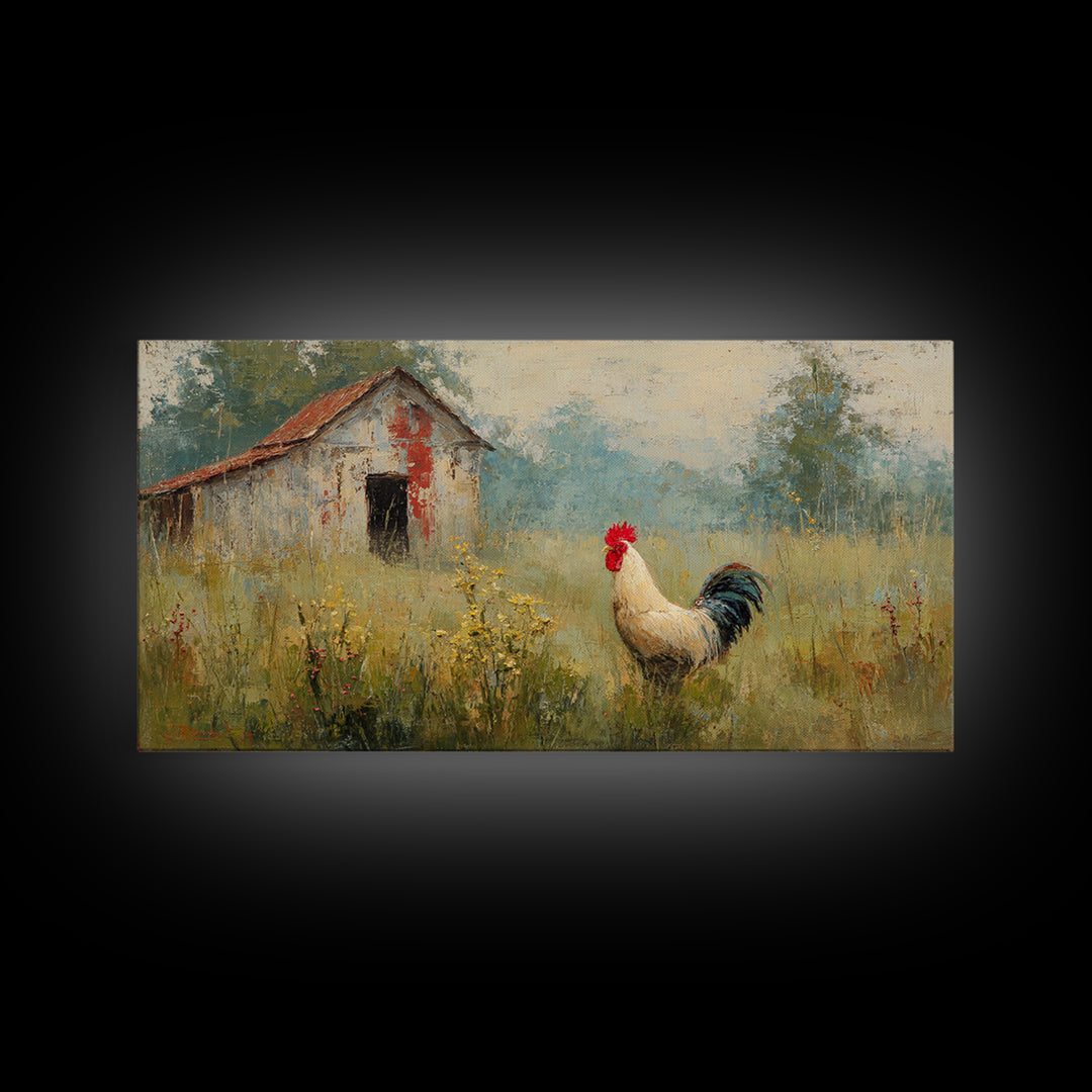 Rooster and Wildflower Country Portrait Framed Canvas Print, Bed and Breakfast Art, Home Decor, Living Room Decor, Fine Art, BAB-2x1-15