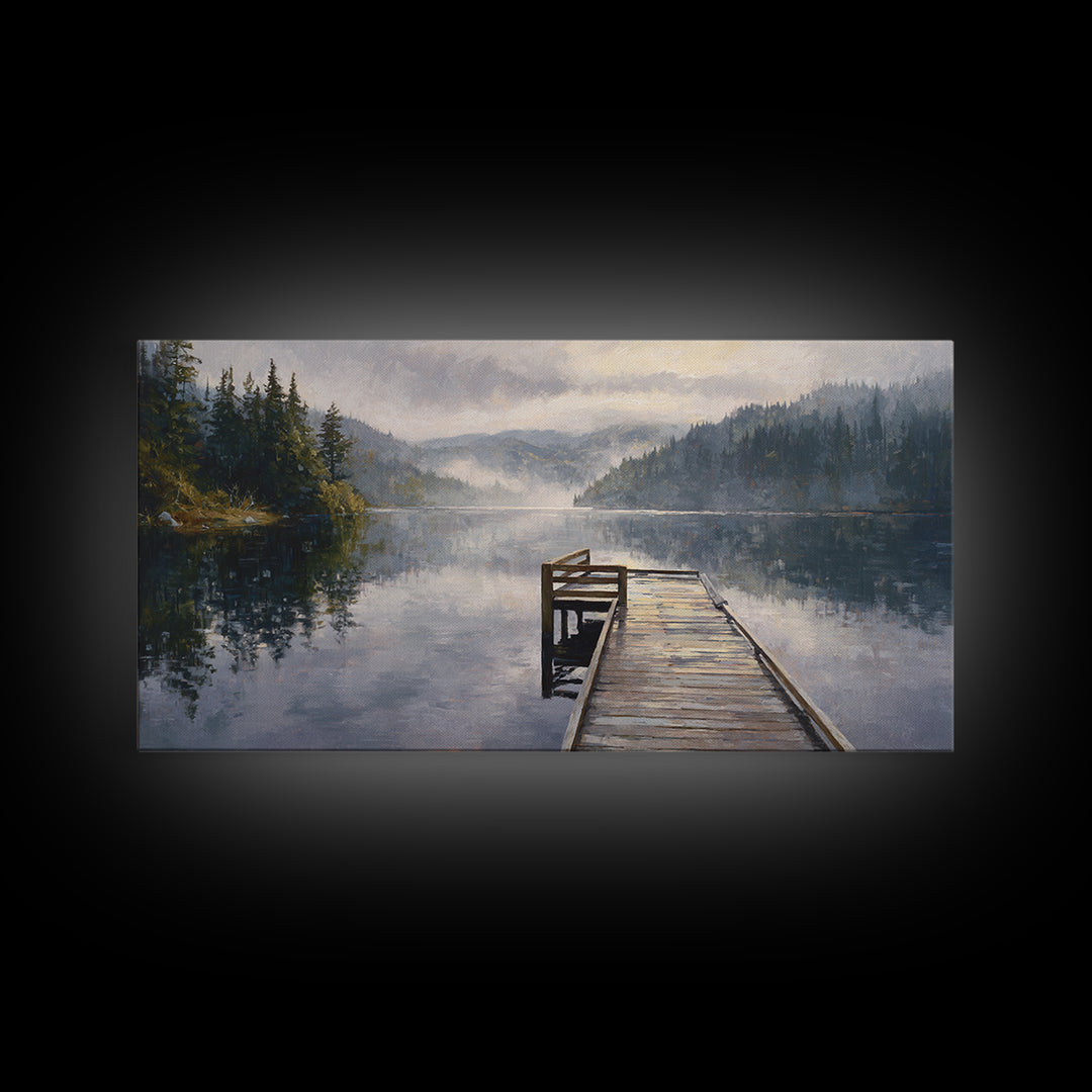 Quiet Lake Dock at Early Morning Framed Canvas Print, Bed and Breakfast Art, Room Decor, Living Room Decor, Fine Art, BAB-2x1-18