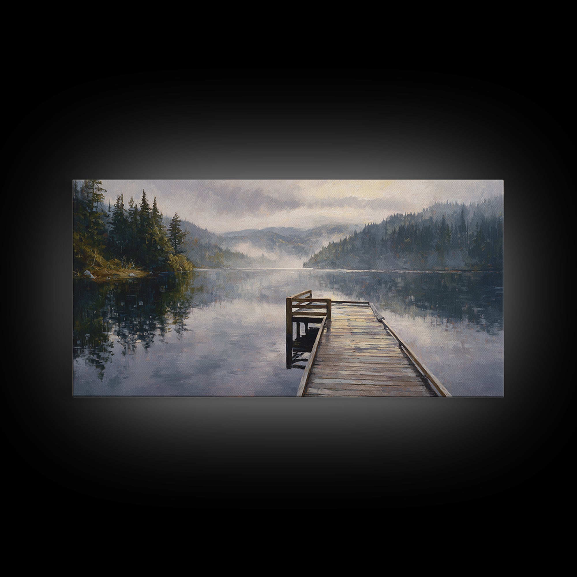 Quiet Lake Dock at Early Morning Framed Canvas Print, Bed and Breakfast Art, Room Decor, Living Room Decor, Fine Art, BAB-2x1-18