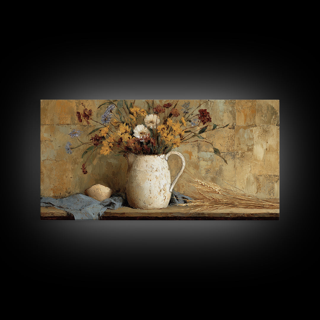 Country Wildflowers in a Chipped Ceramic Pitcher Canvas Print, Bed and Breakfast Art, Digital Art, Living Room Decor, Fine Art, BAB-2x1-21