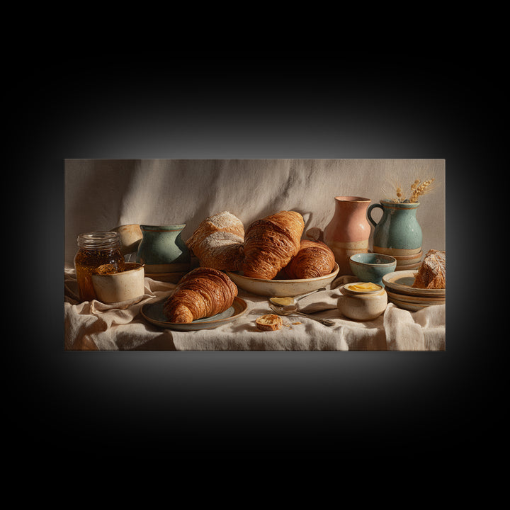 Fresh Croissants and Jam on a Linen Canvas Print, Bed and Breakfast Art, Textured Painting, Living Room Decor, Abstract Art, BAB-2x1-22