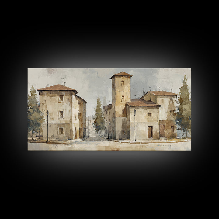Soft Watercolor Village Street at Dawn Framed Canvas Print, Bed and Breakfast Art, Printable, Living Room Decor, Fine Art, BAB-2x1-25