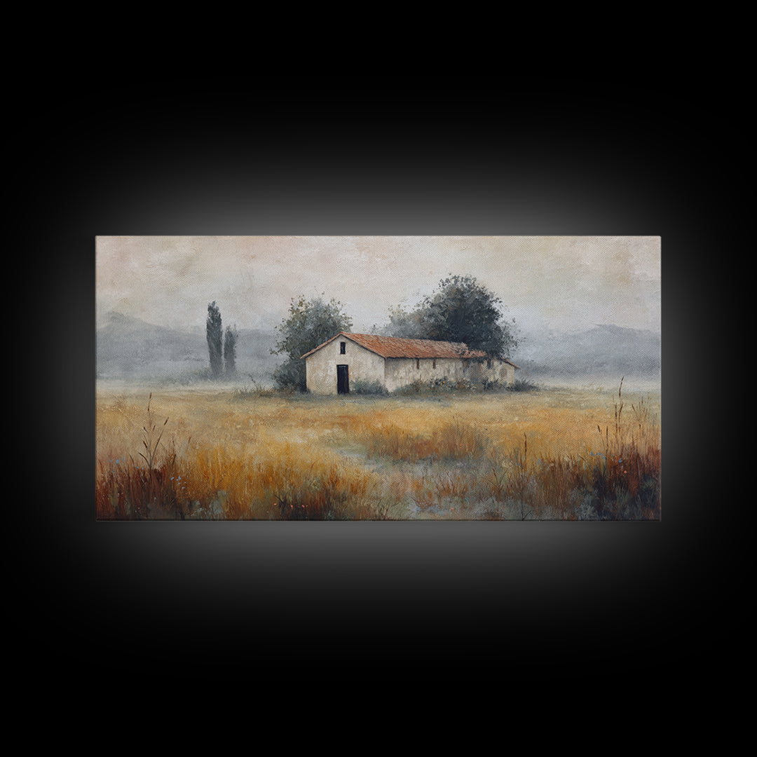 Old Farmhouse Landscape Framed Canvas Print, Bed and Breakfast Art, Boho Decor, Living Room Decor, Fine Art, BAB-2x1-27