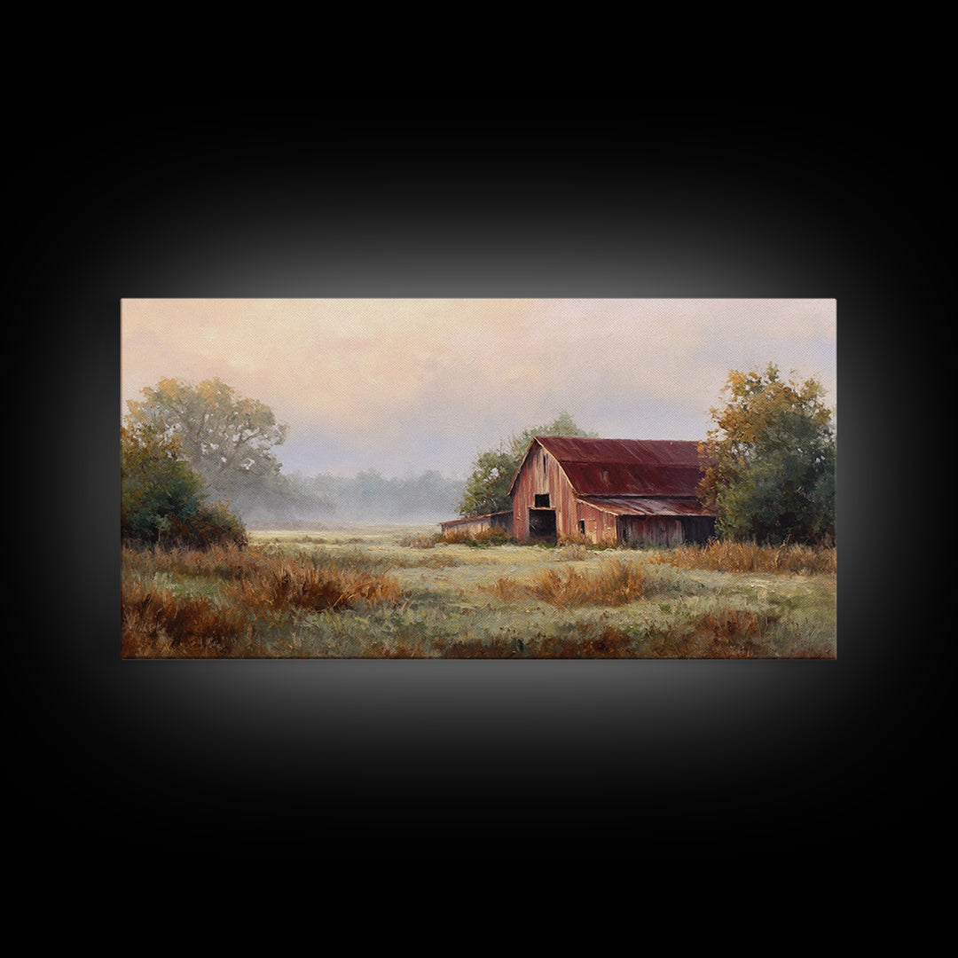 Old Farmhouse Landscape Framed Canvas Print, Bed and Breakfast Art, Wood Wall Art, Living Room Decor, Oil Painting, BAB-2x1-3