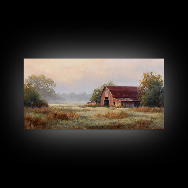 Old Farmhouse Landscape Framed Canvas Print, Bed and Breakfast Art, Wood Wall Art, Living Room Decor, Oil Painting, BAB-2x1-3