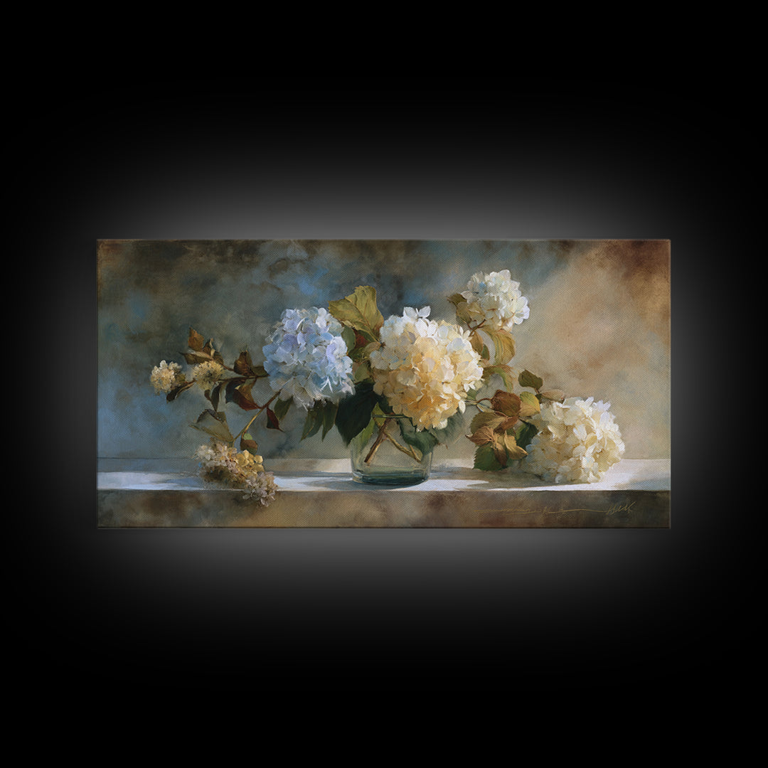 Sunlit Hydrangeas on a Windowsill Framed Canvas Print, Bed and Breakfast Art, Minimalist Decor, Living Room Decor, Fine Art, BAB-2x1-30