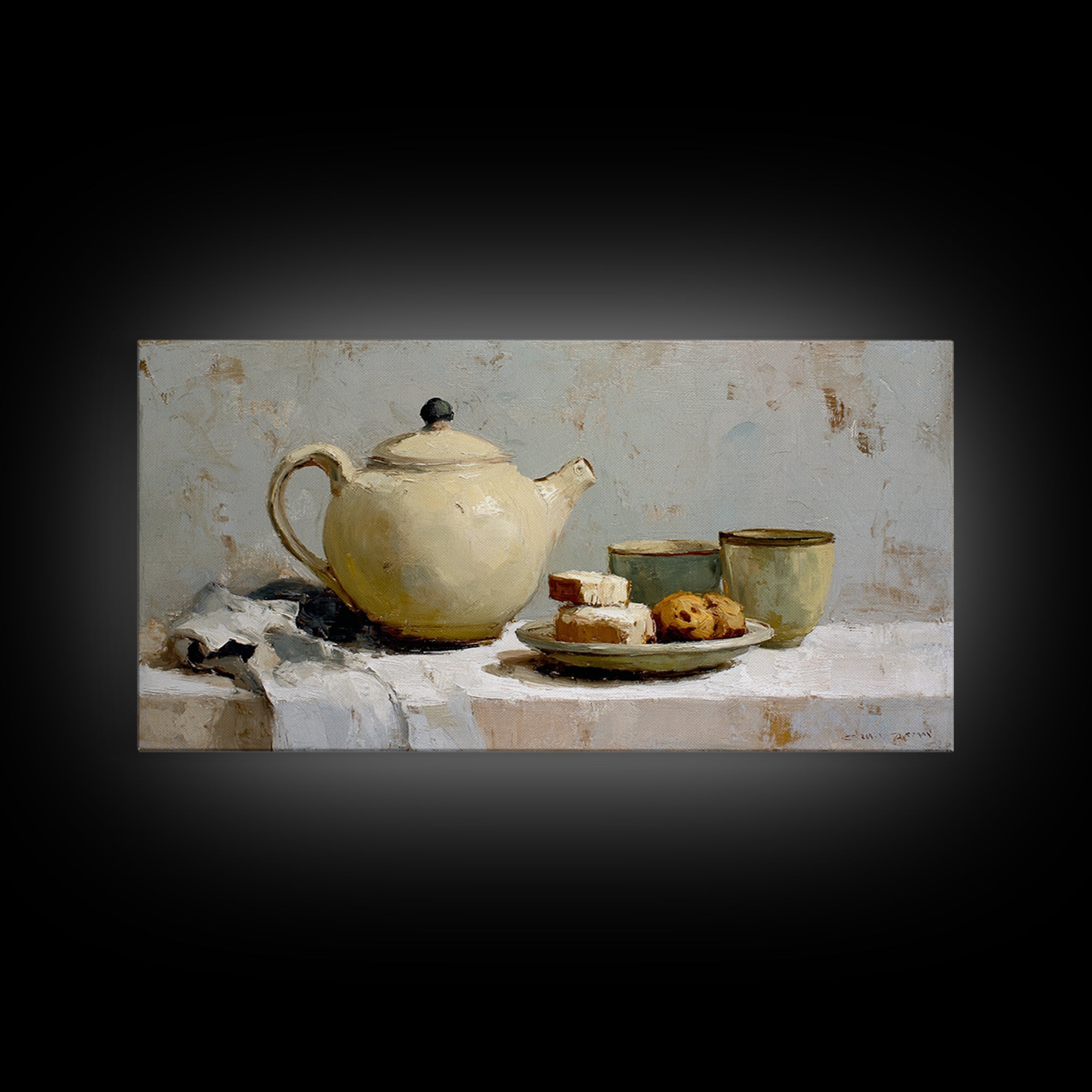 Porcelain Teapot and Scones Canvas Print, Bed and Breakfast Art, Wall Art, Living Room Decor, Oil Painting, Wood Wall Art, BAB-2x1-32