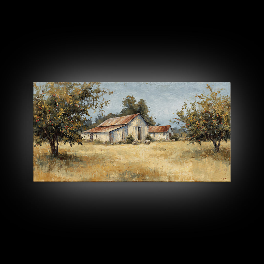 Apple Orchard Scene Framed Canvas Print, Bed and Breakfast Art, Decor, Living Room Decor, Fine Art, Dopamine Decor, BAB-2x1-33