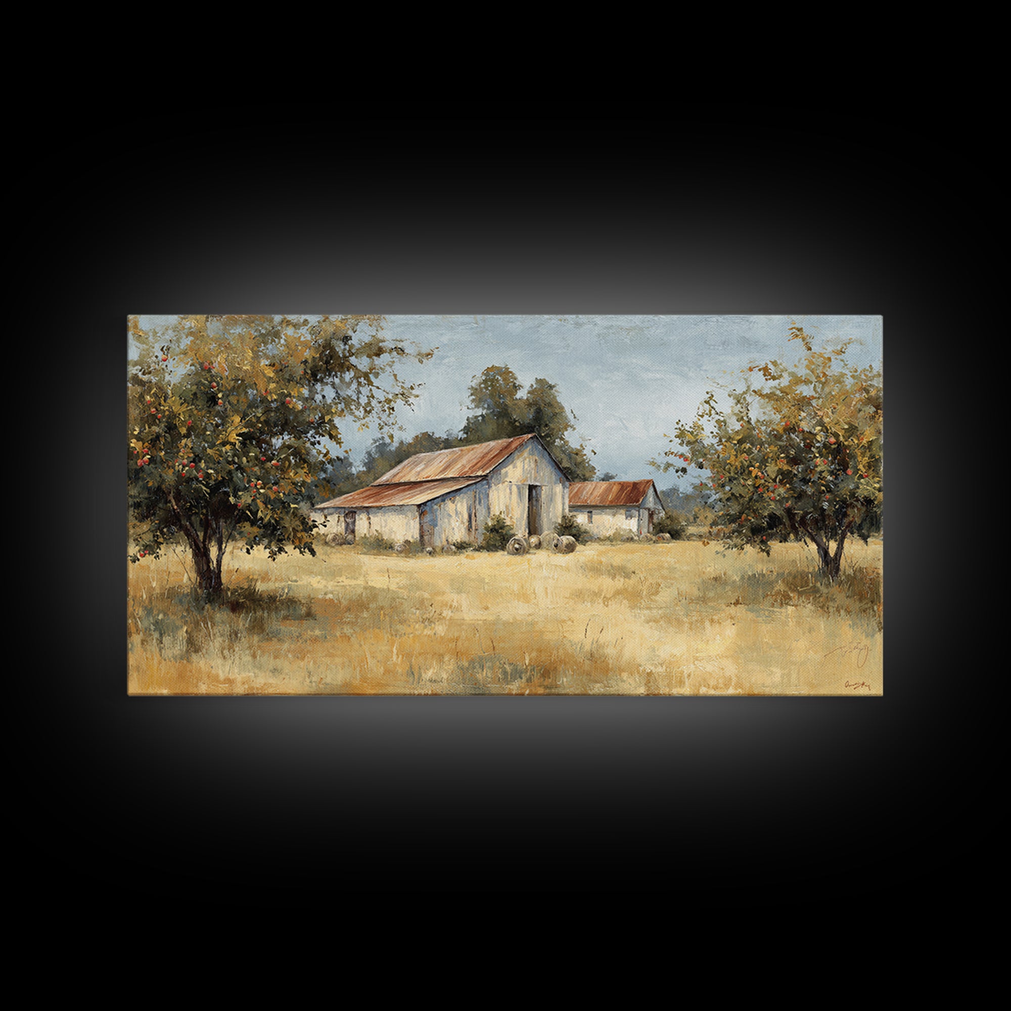 Apple Orchard Scene Framed Canvas Print, Bed and Breakfast Art, Decor, Living Room Decor, Fine Art, Dopamine Decor, BAB-2x1-33