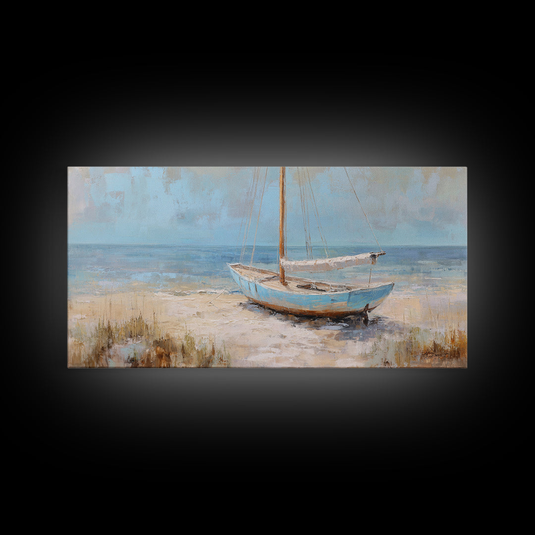 Coastal Inn Sailboat at Sunrise Framed Canvas Print, Bed and Breakfast Art, Print, Living Room Decor, Fine Art, BAB-2x1-37