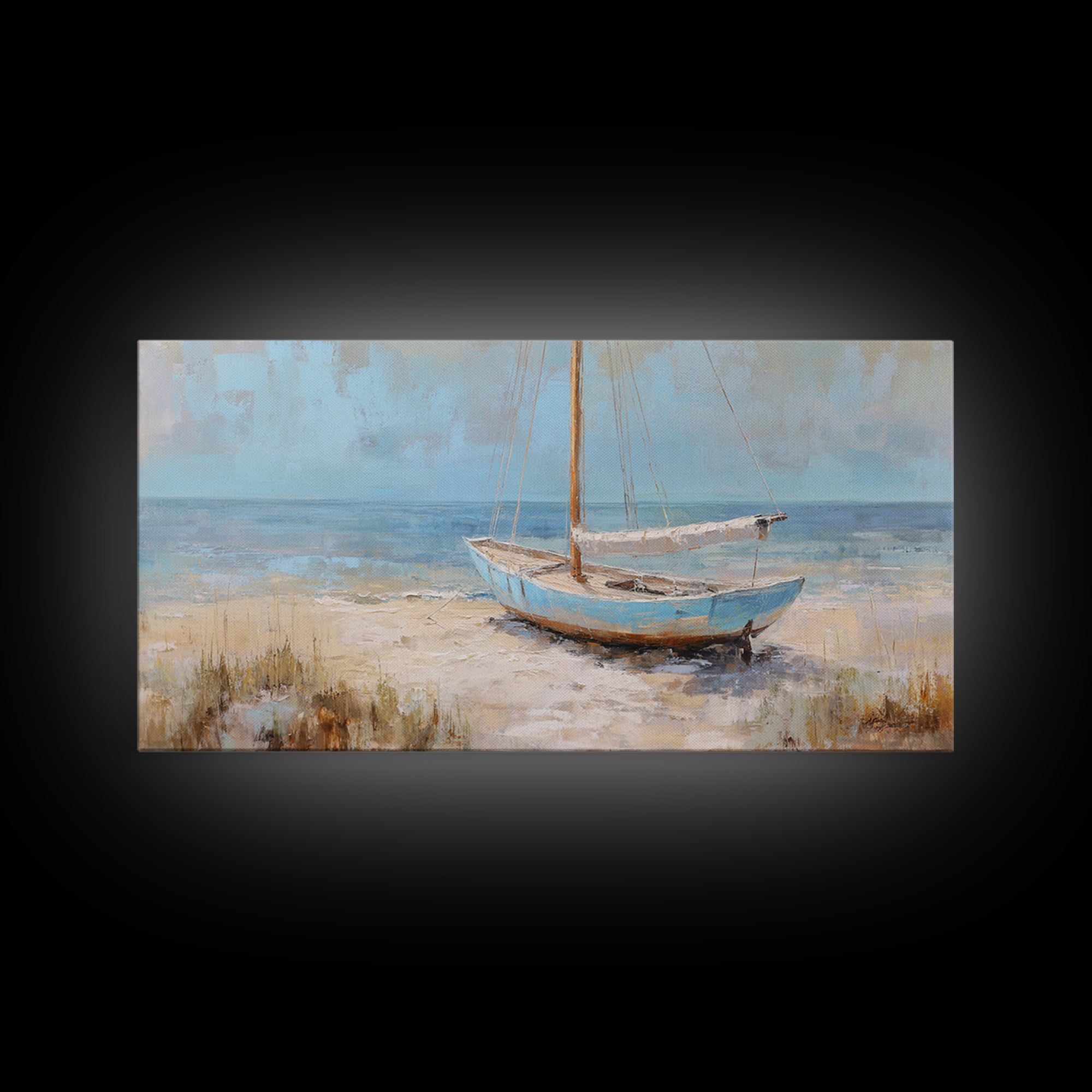 Coastal Inn Sailboat at Sunrise Framed Canvas Print, Bed and Breakfast Art, Print, Living Room Decor, Fine Art, BAB-2x1-37