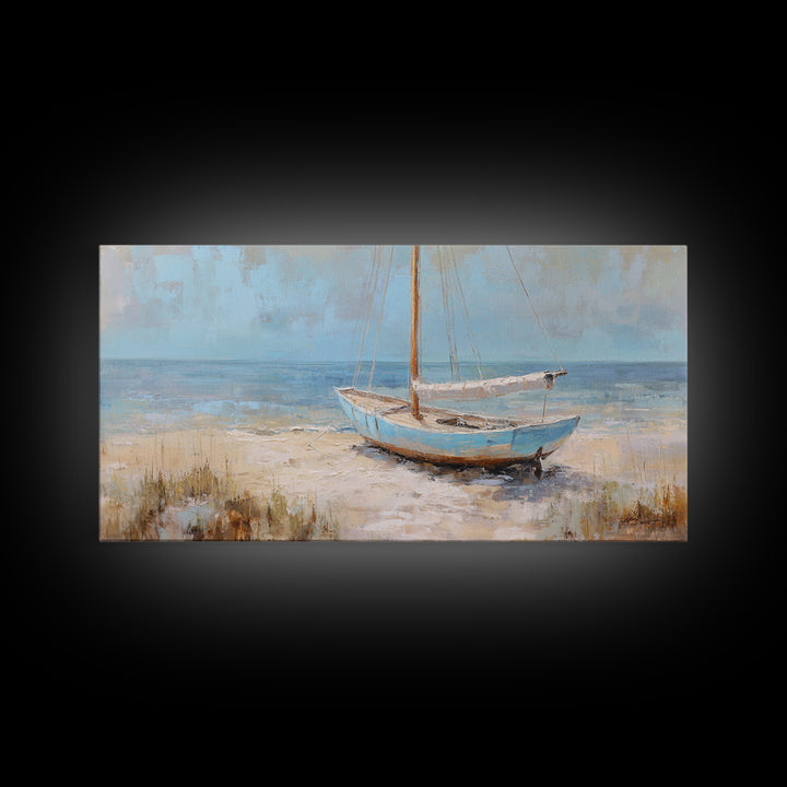 Coastal Inn Sailboat at Sunrise Framed Canvas Print, Bed and Breakfast Art, Print, Living Room Decor, Fine Art, BAB-2x1-37