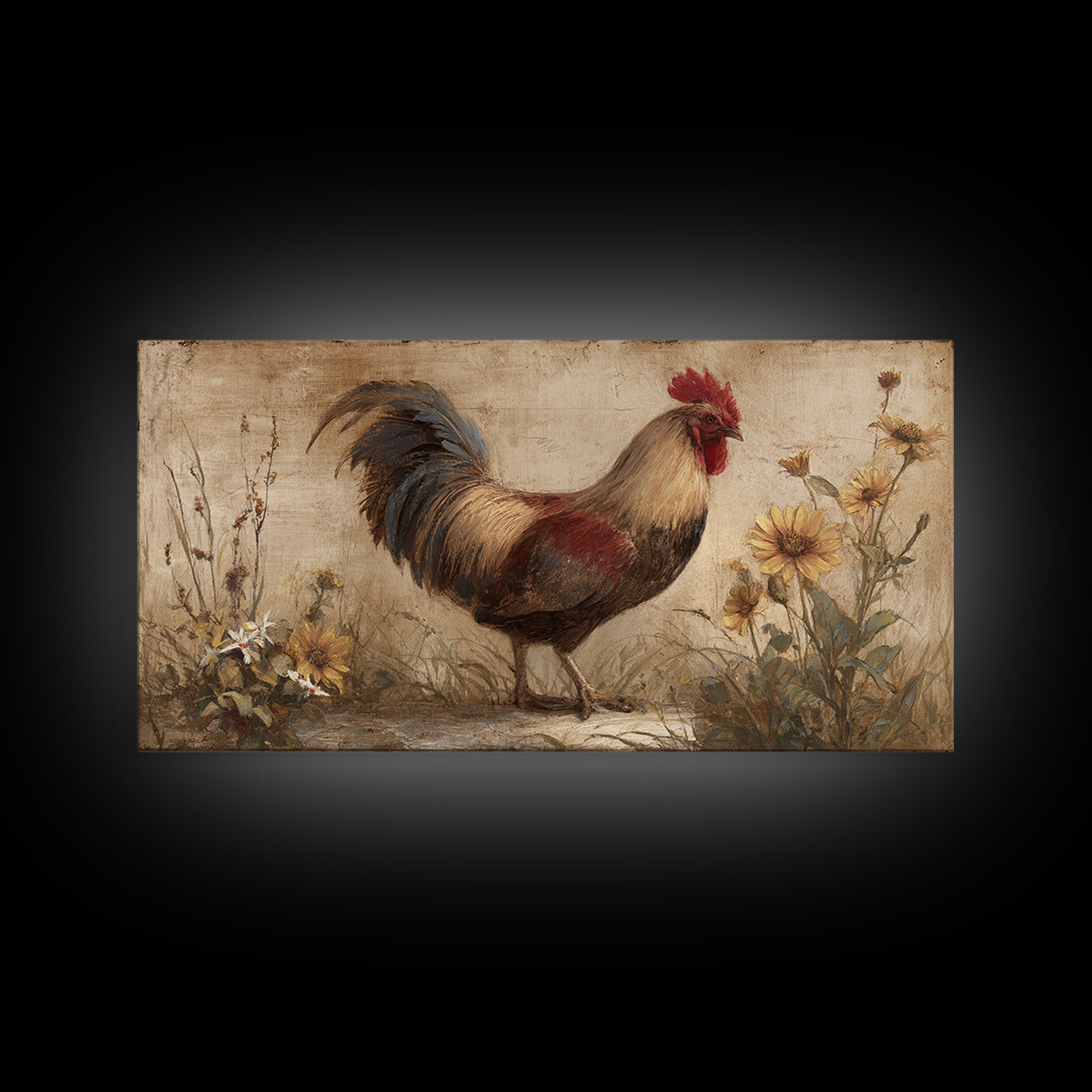 Rooster and Wildflower Country Portrait Canvas Print, Bed and Breakfast Art, Digital Art, Living Room Decor, Fine Art, BAB-2x1-39