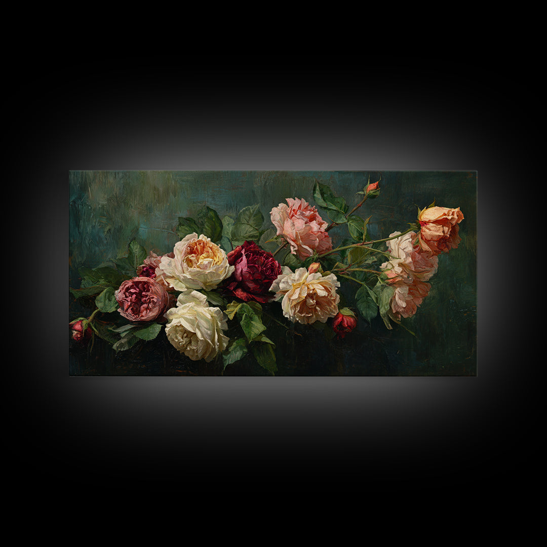 Garden Roses in Romantic Oil Paint Canvas Print, Bed and Breakfast Art, Art Print, Living Room Decor, Fine Art, BAB-2x1-41