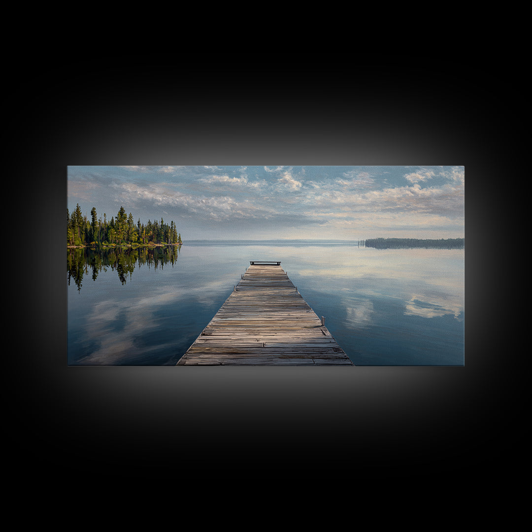 Quiet Lake Dock at Early Morning Framed Canvas Print, Bed and Breakfast Art, Room Decor, Living Room Decor, Fine Art, BAB-2x1-42