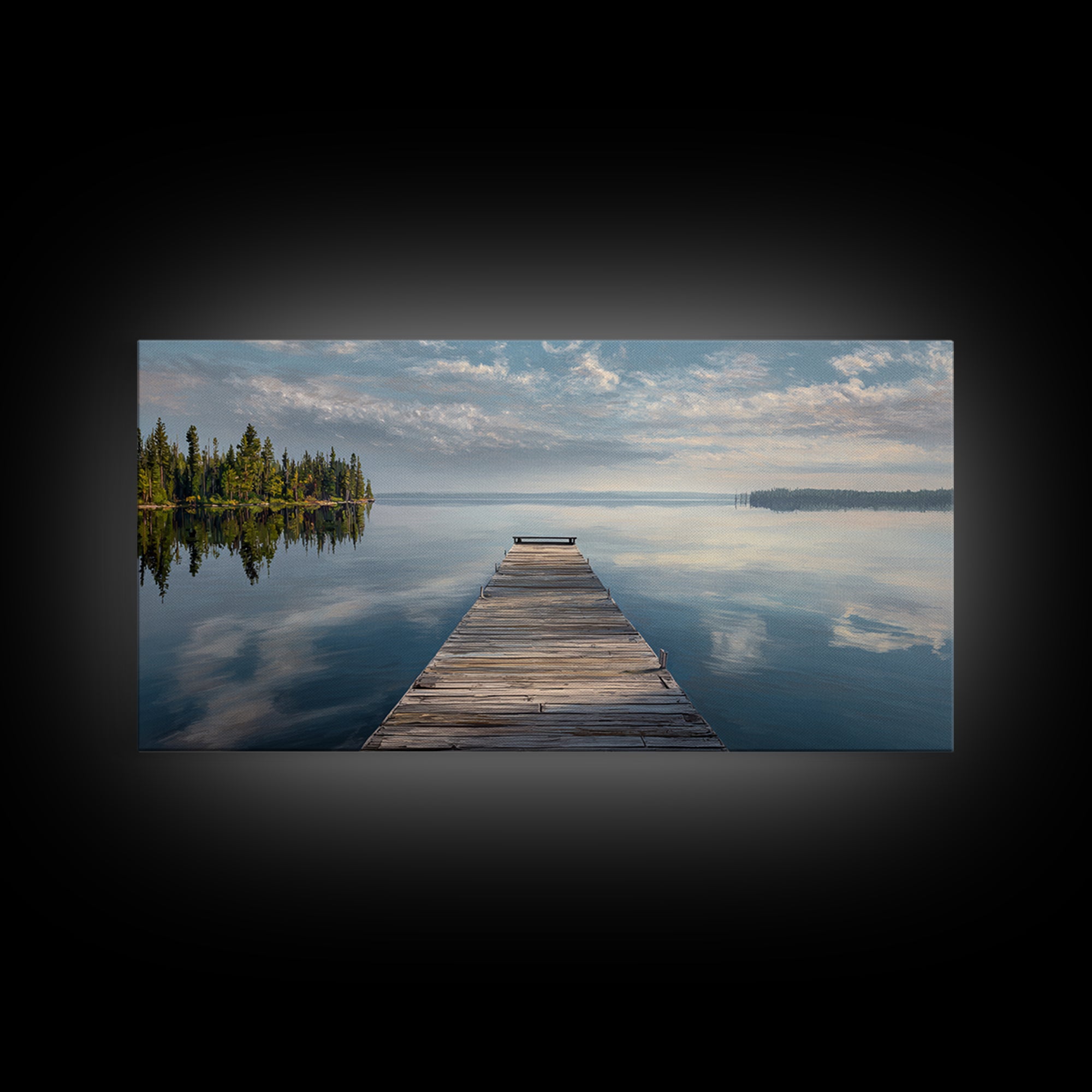 Quiet Lake Dock at Early Morning Framed Canvas Print, Bed and Breakfast Art, Room Decor, Living Room Decor, Fine Art, BAB-2x1-42