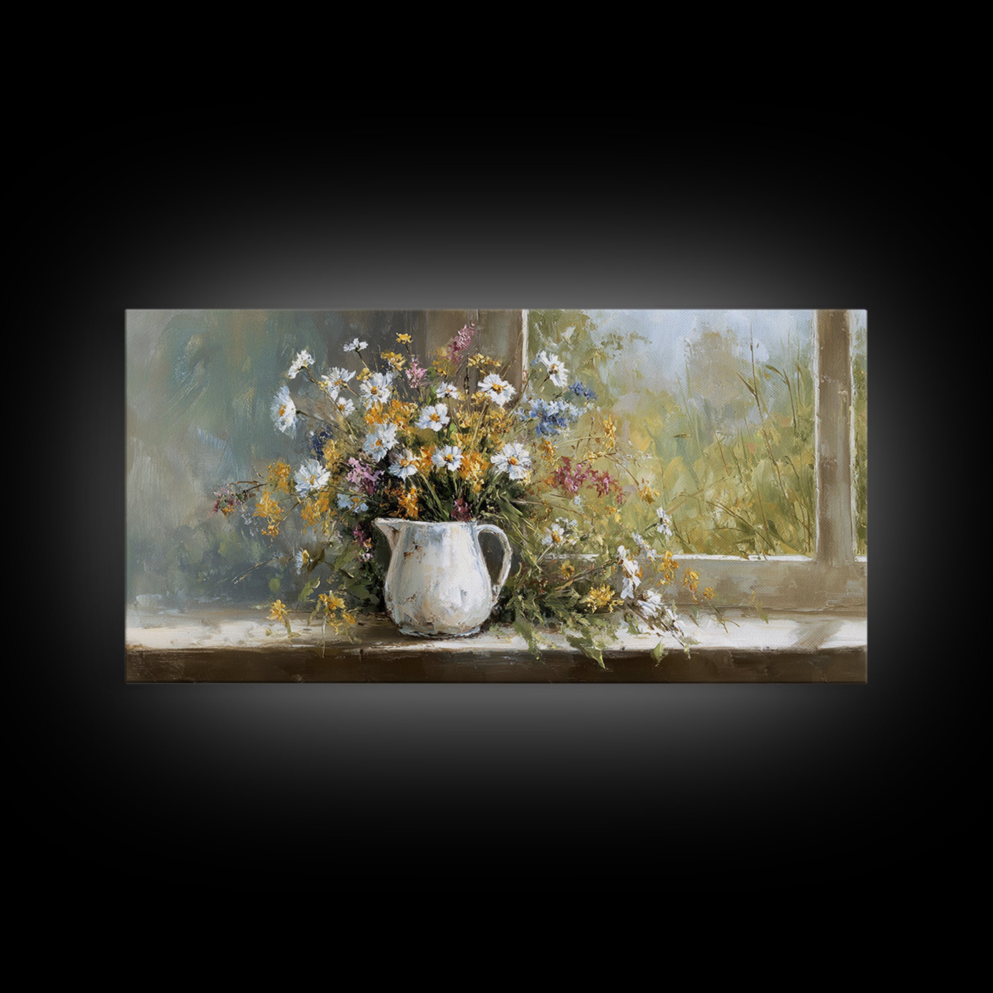 Country Wildflowers in a Chipped Ceramic Pitcher Canvas Print, Bed and Breakfast Art, Wood Wall Art, Living Room Decor, BAB-2x1-45