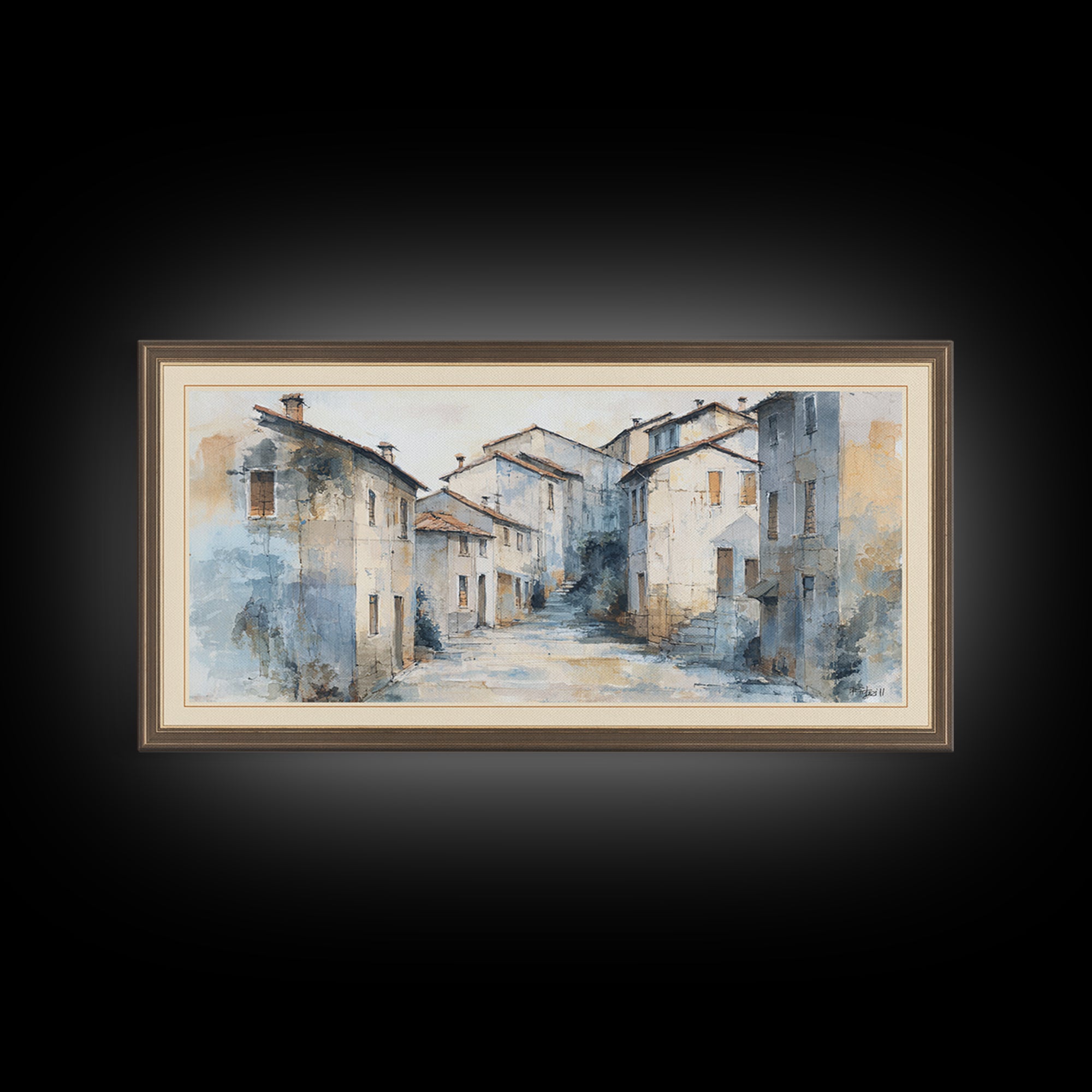 Soft Watercolor Village Street at Dawn Canvas Print, Bed and Breakfast Art, Printable Art, Living Room Decor, Fine Art, BAB-2x1-49