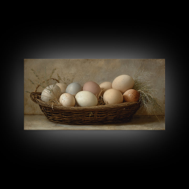 Fresh Eggs in a Woven Basket with Framed Canvas Print, Bed and Breakfast Art, Wall Decor, Living Room Decor, Fine Art, BAB-2x1-50