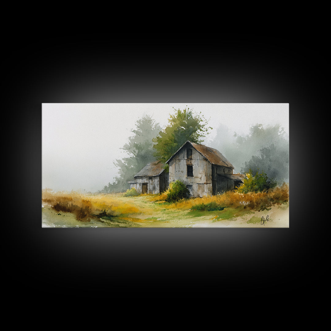 Old Farmhouse Landscape Framed Canvas Print, Bed and Breakfast Art, Living Room Decor, Watercolor Art, Folk Art, BAB-2x1-51