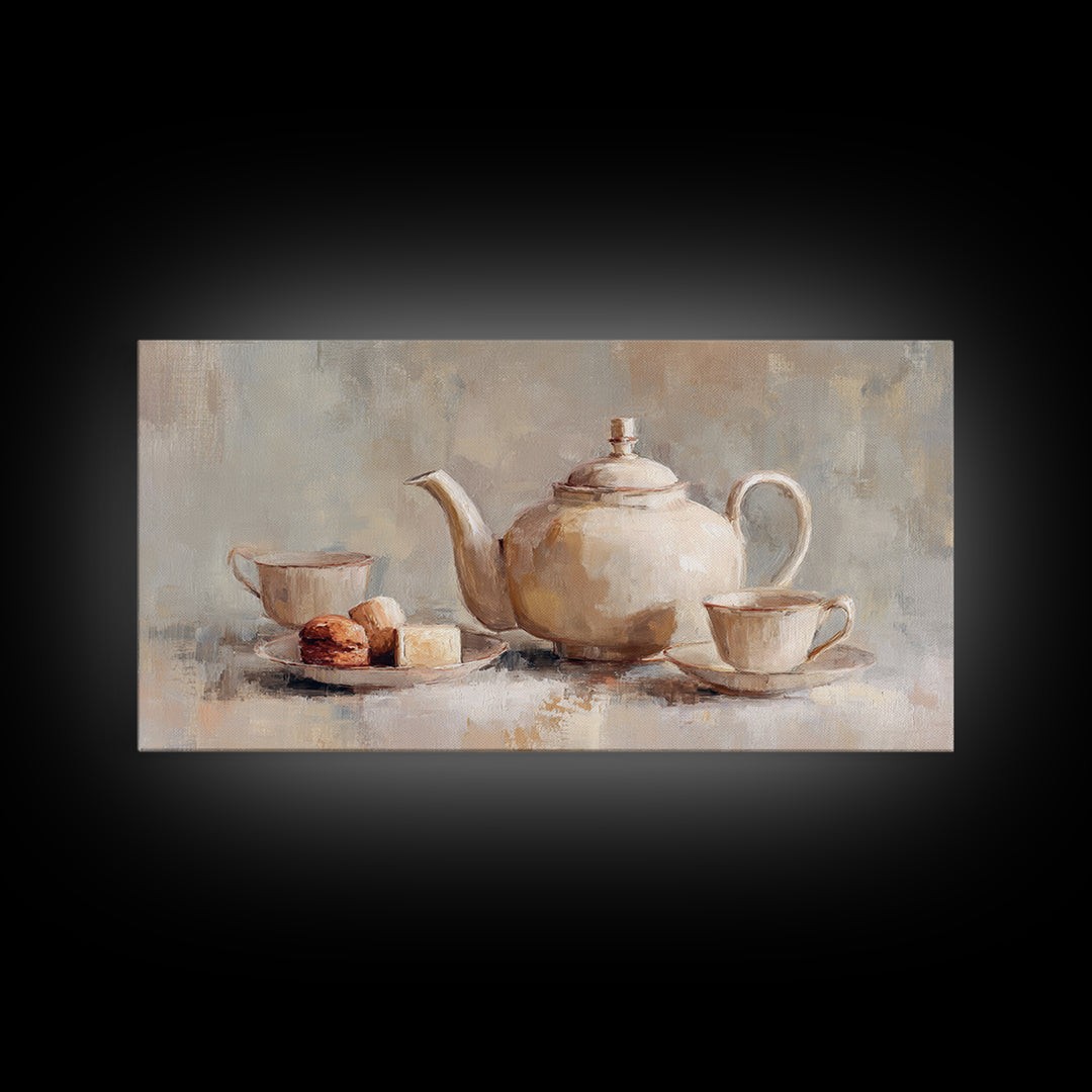 Porcelain Teapot and Scones Framed Canvas Print, Bed and Breakfast Art, Art Print, Living Room Decor, Fine Art, BAB-2x1-56