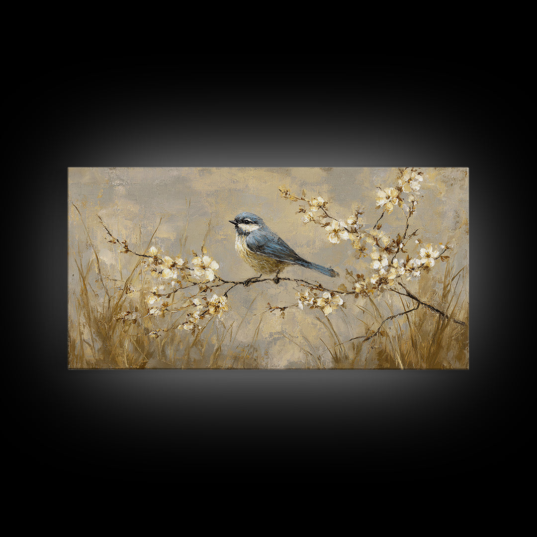 Small Bird on a Flowering Branch Canvas Print, Bed and Breakfast Art, Print, Living Room Decor, Watercolor Art, BAB-2x1-58