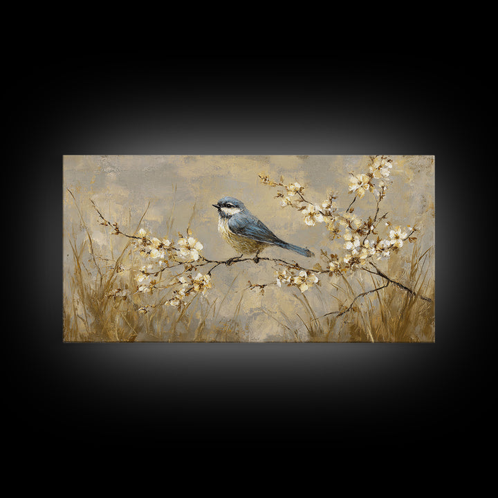 Small Bird on a Flowering Branch Canvas Print, Bed and Breakfast Art, Print, Living Room Decor, Watercolor Art, BAB-2x1-58