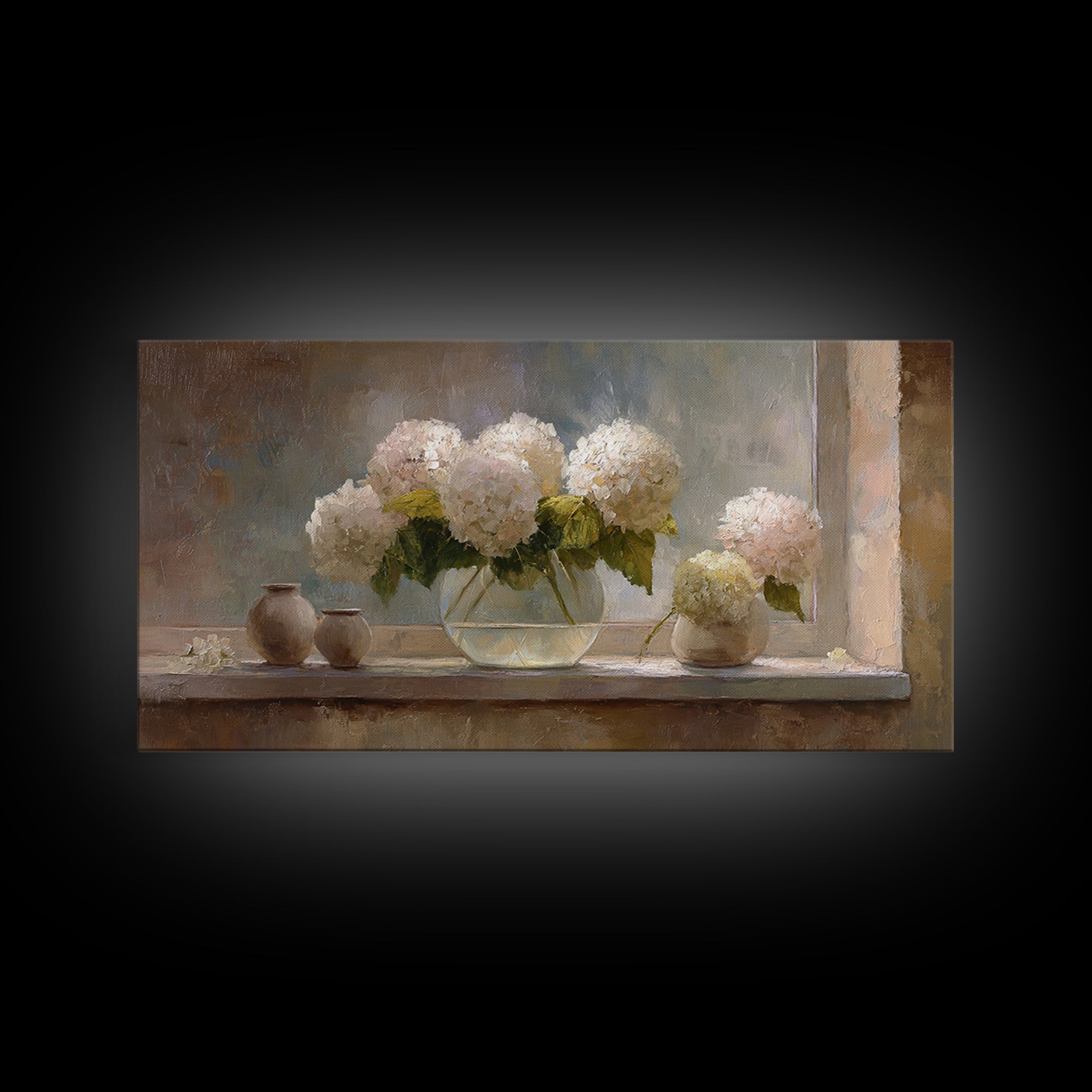 Sunlit Hydrangeas on a Windowsill Framed Canvas Print, Bed and Breakfast Art, Minimalist Decor, Living Room Decor, Fine Art, BAB-2x1-6