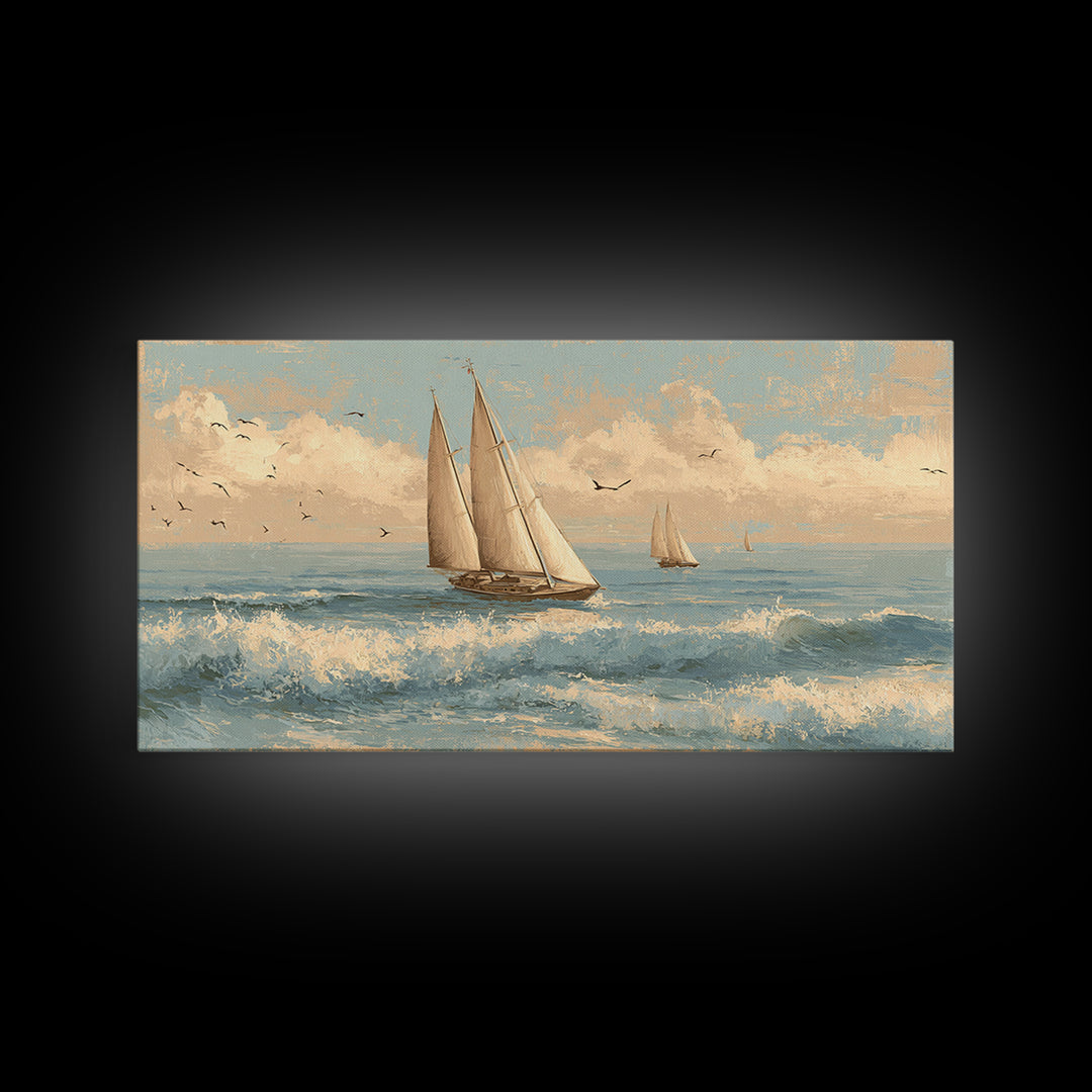 Coastal Inn Sailboat at Sunrise Canvas Print, Bed and Breakfast Art, Abstract Art, Living Room Decor, Fine Art, BAB-2x1-61