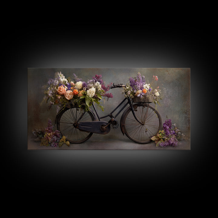 Old Bicycle with Flowers in Basket Framed Canvas Print, Bed and Breakfast Art, Gallery Decor, Living Room Decor, Fine Art, BAB-2x1-67