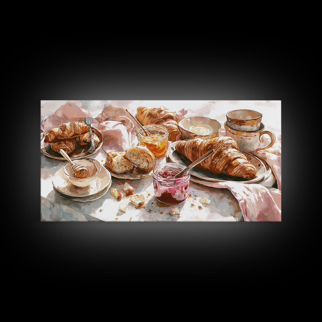 Fresh Croissants and Jam on a Linen Canvas Print, Bed and Breakfast Art, Printable, Living Room Decor, Fine Art, BAB-2x1-70