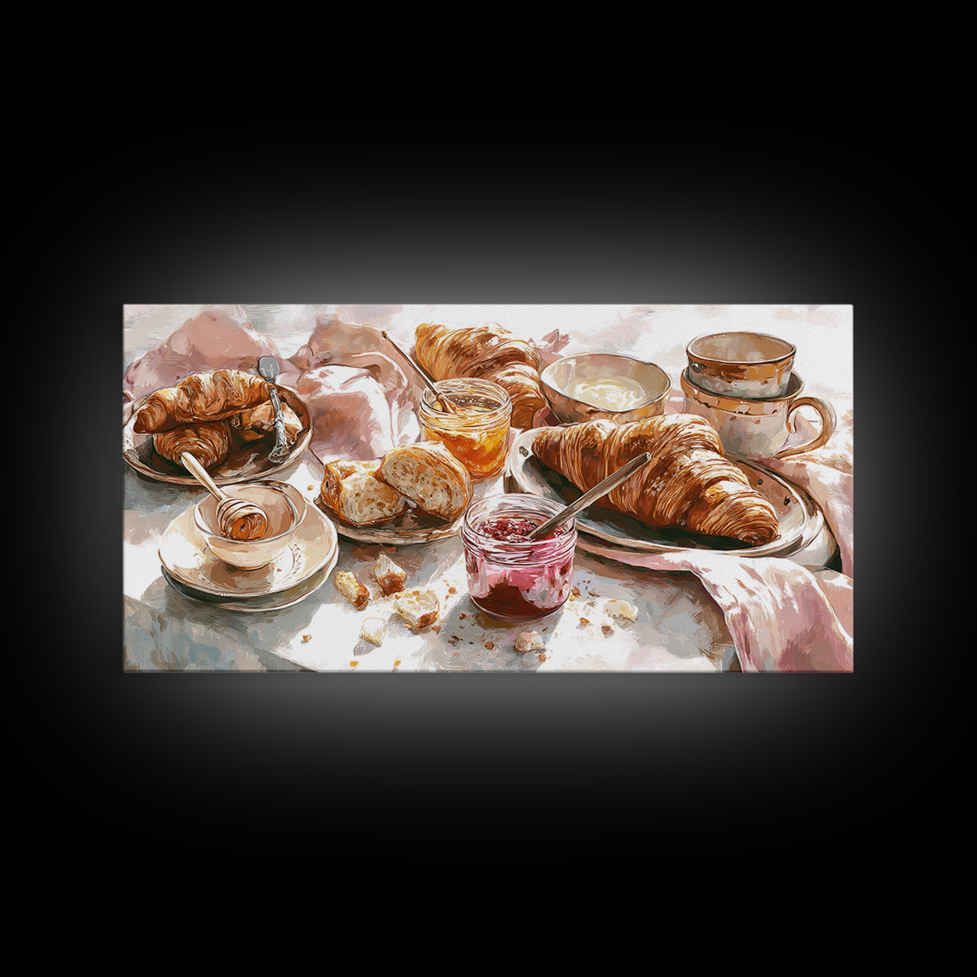 Fresh Croissants and Jam on a Linen Canvas Print, Bed and Breakfast Art, Printable, Living Room Decor, Fine Art, BAB-2x1-70