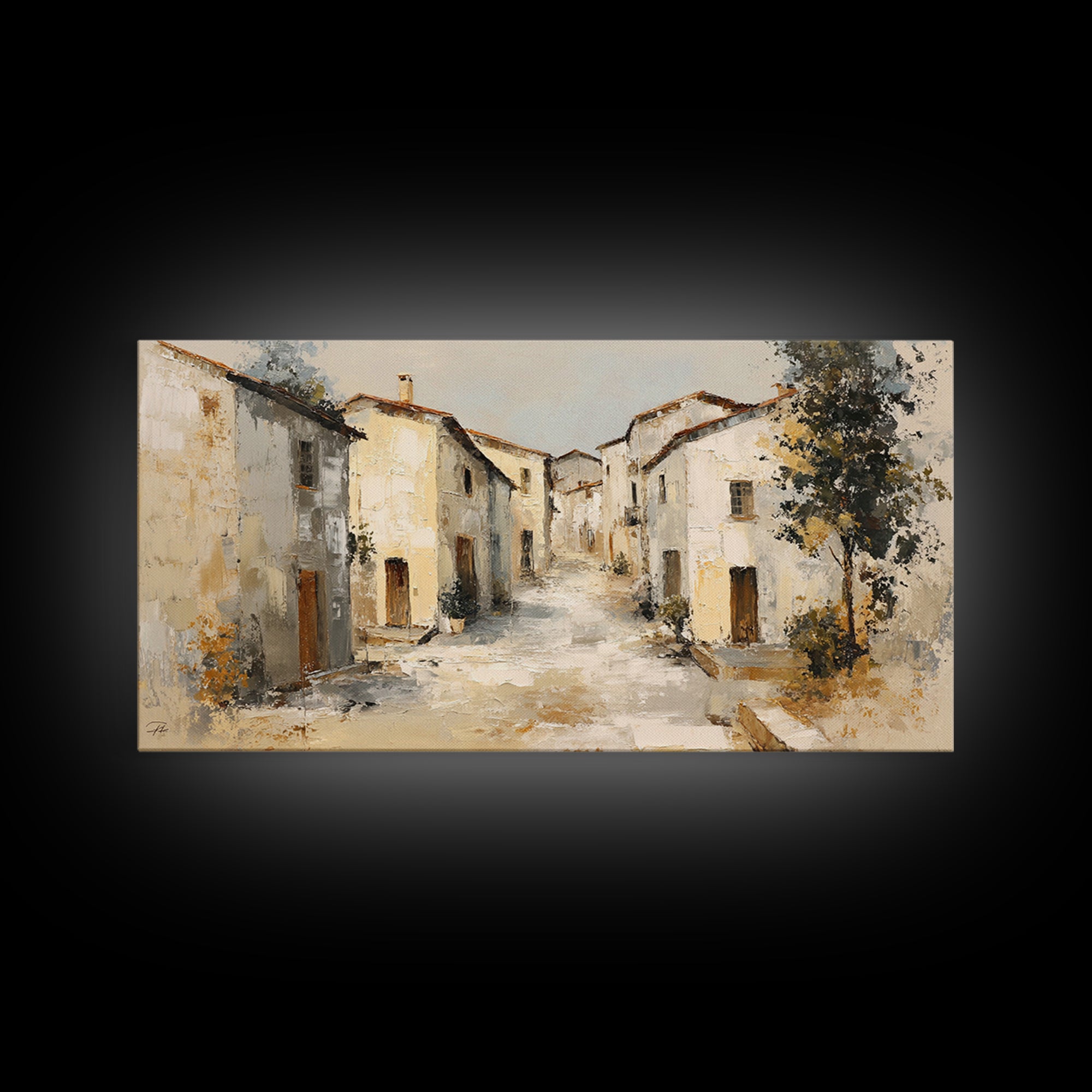 Soft Watercolor Village Street at Dawn Canvas Print, Bed and Breakfast Art, Printable Art, Living Room Decor, Fine Art, BAB-2x1-73