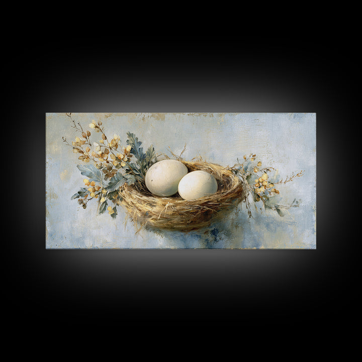 Fresh Eggs in a Woven Basket with Canvas Print, Bed and Breakfast Art, Printable Wall Art, Living Room Decor, Watercolor Art, BAB-2x1-74