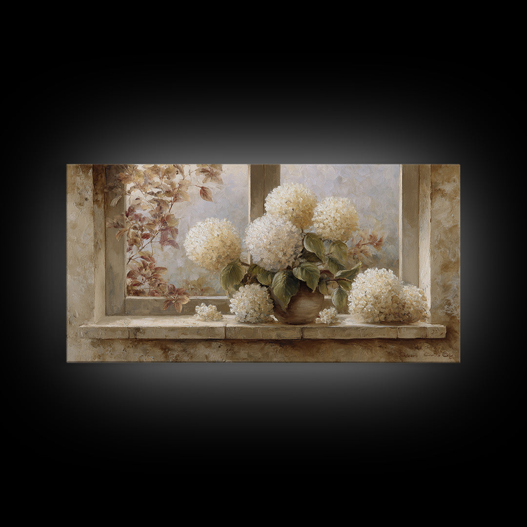 Sunlit Hydrangeas on a Windowsill Canvas Print, Bed and Breakfast Art, Decor, Living Room Decor, Fine Art, Dopamine Decor, BAB-2x1-78