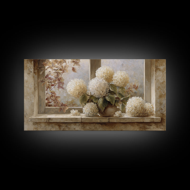 Sunlit Hydrangeas on a Windowsill Canvas Print, Bed and Breakfast Art, Decor, Living Room Decor, Fine Art, Dopamine Decor, BAB-2x1-78