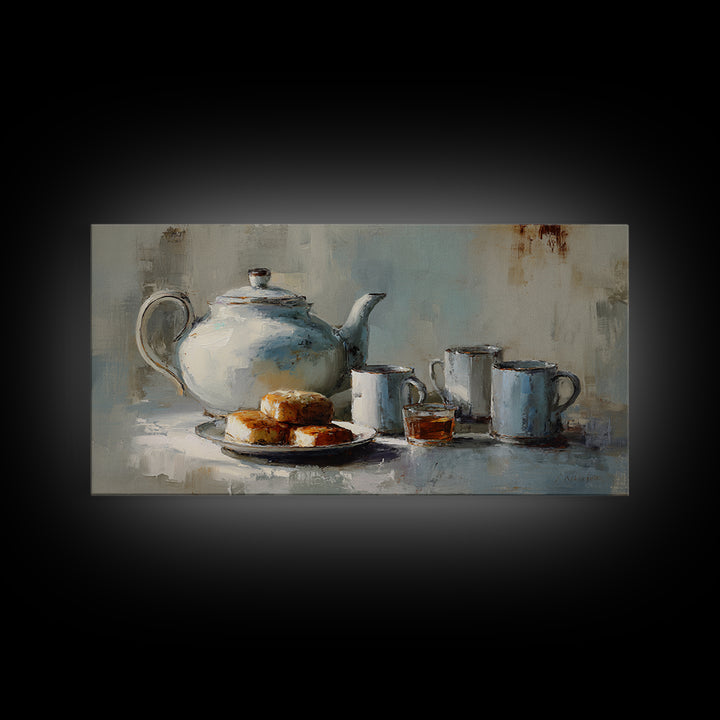 Porcelain Teapot and Scones Framed Canvas Print, Bed and Breakfast Art, Bed, Living Room Decor, Fine Art, Rustic Home Decor, BAB-2x1-80