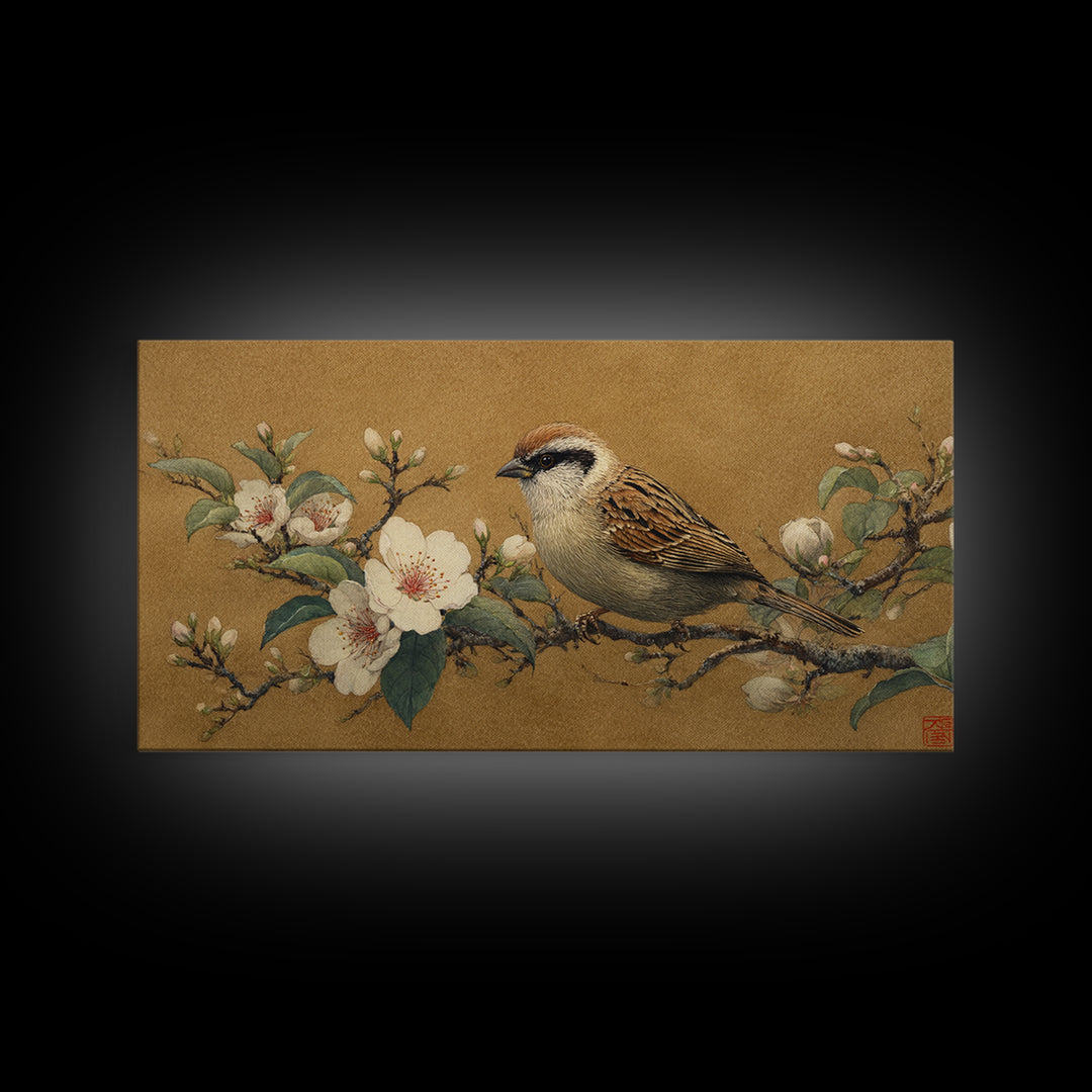 Small Bird on a Flowering Branch Canvas Print, Bed and Breakfast Art, Print, Living Room Decor, Watercolor Art, BAB-2x1-82