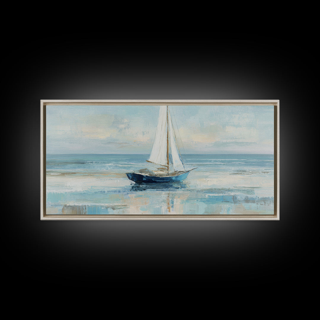 Coastal Inn Sailboat at Sunrise Framed Canvas Print, Bed and Breakfast Art, Dopamine Decor, Living Room Decor, Fine Art, BAB-2x1-85