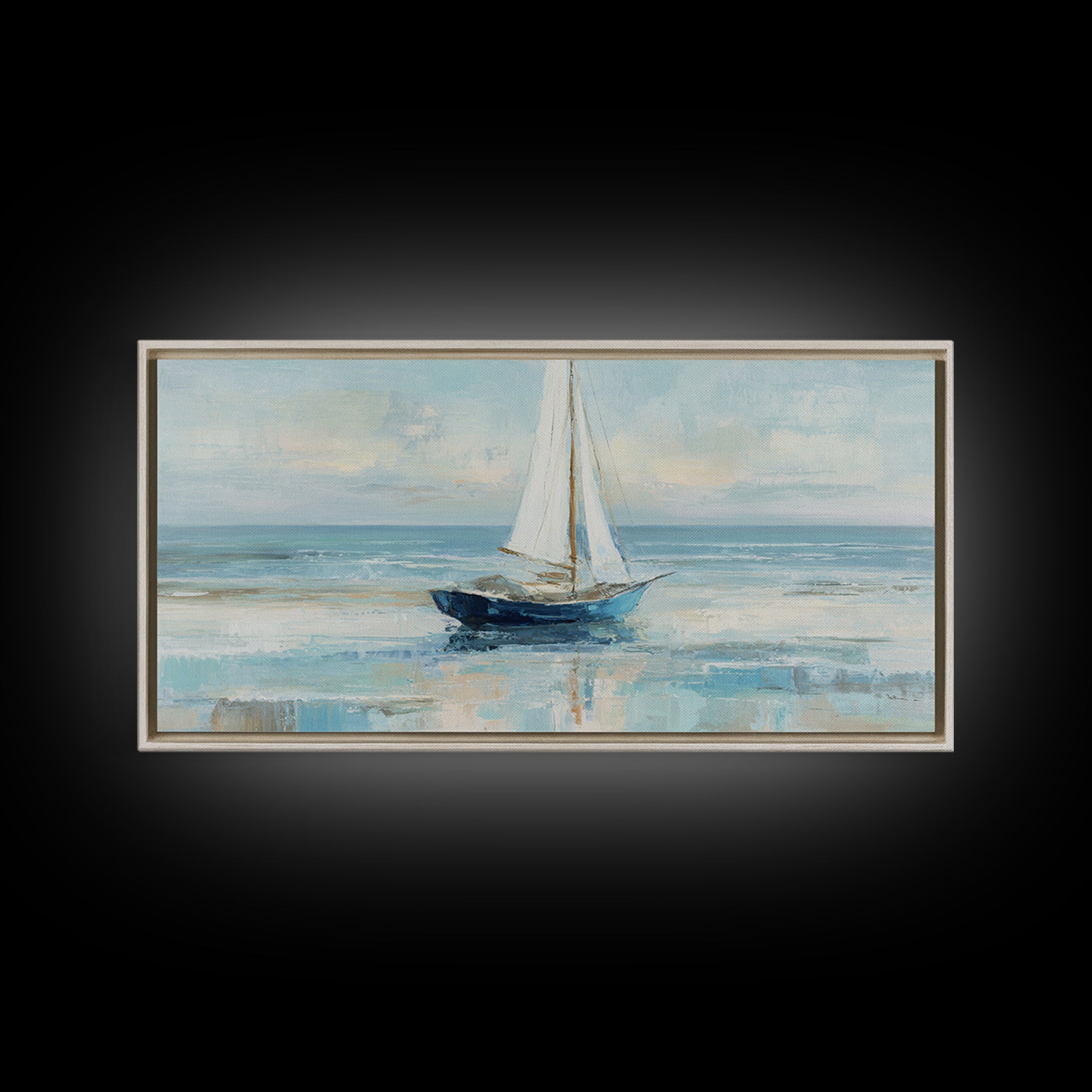 Coastal Inn Sailboat at Sunrise Framed Canvas Print, Bed and Breakfast Art, Dopamine Decor, Living Room Decor, Fine Art, BAB-2x1-85
