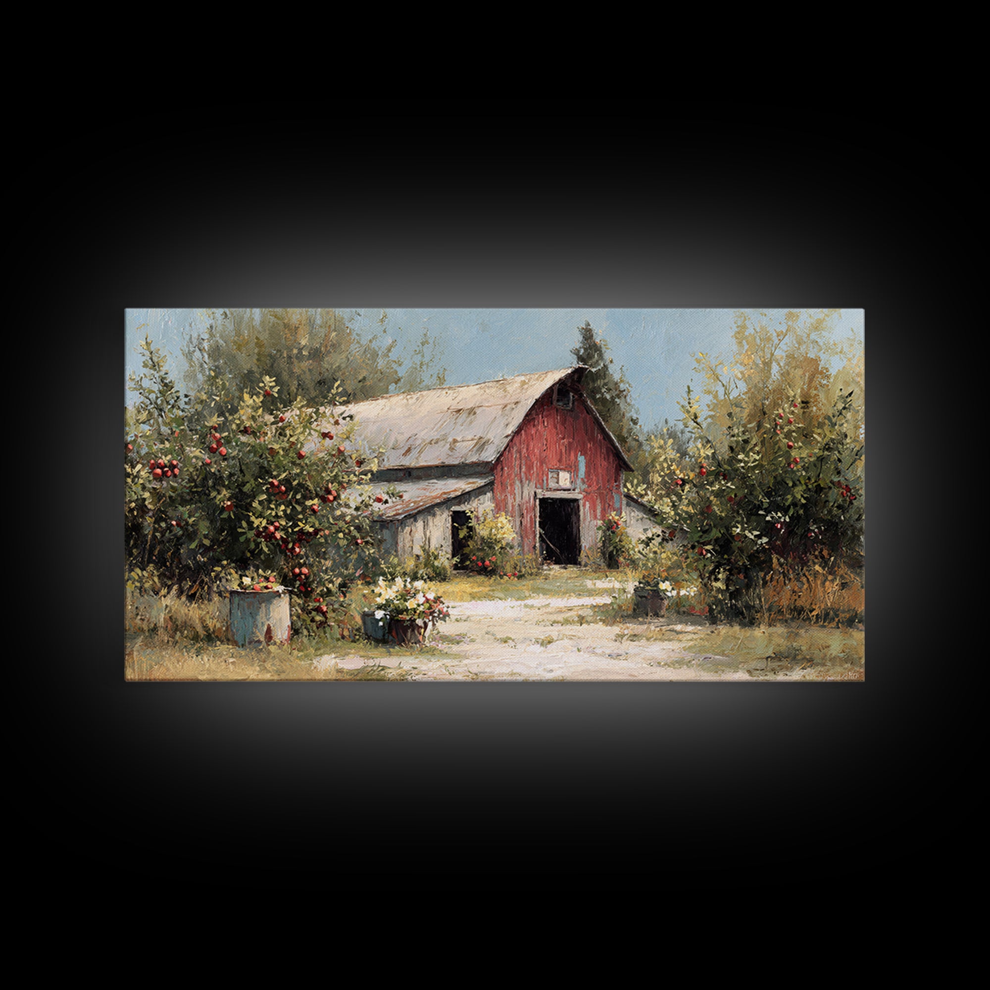 Apple Orchard Scene Framed Canvas Print, Bed and Breakfast Art, Decor, Living Room Decor, Fine Art, Dopamine Decor, BAB-2x1-9