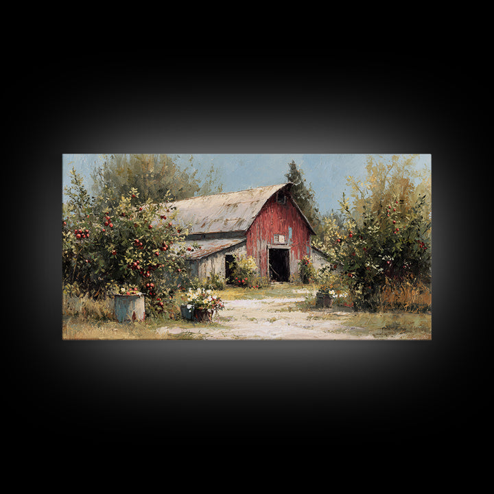 Apple Orchard Scene Framed Canvas Print, Bed and Breakfast Art, Decor, Living Room Decor, Fine Art, Dopamine Decor, BAB-2x1-9