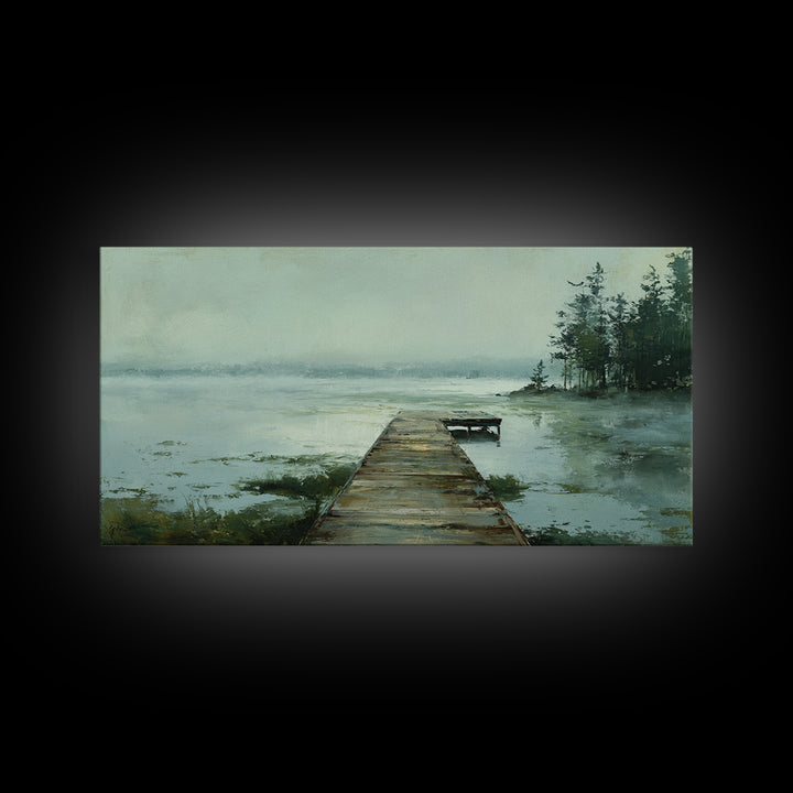 Quiet Lake Dock at Early Morning Framed Canvas Print, Bed and Breakfast Art, Digital Art, Living Room Decor, Fine Art, BAB-2x1-90