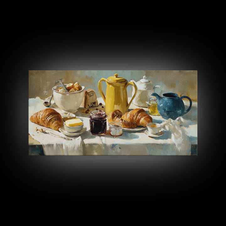 Fresh Croissants and Jam on a Linen Canvas Print, Bed and Breakfast Art, Printable, Living Room Decor, Fine Art, BAB-2x1-94