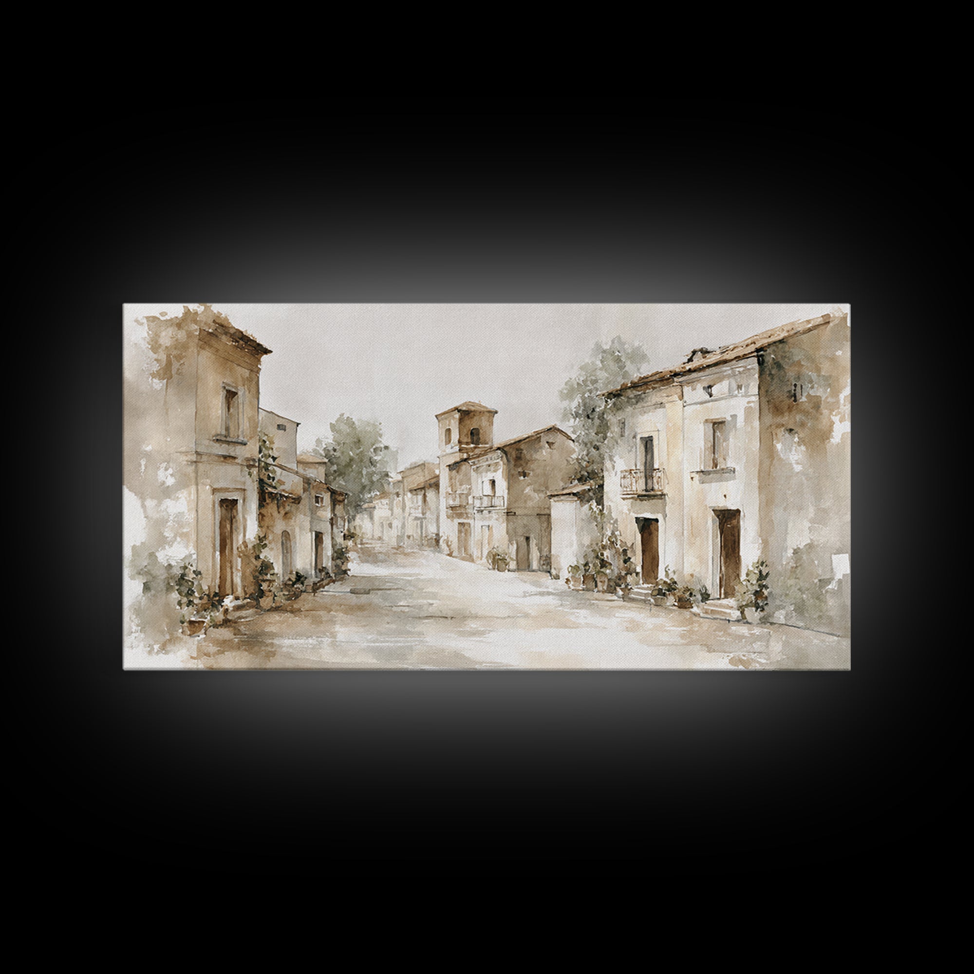 Soft Watercolor Village Street at Dawn Canvas Print, Bed and Breakfast Art, Bedroom Wall Art, Living Room Decor, BAB-2x1-97