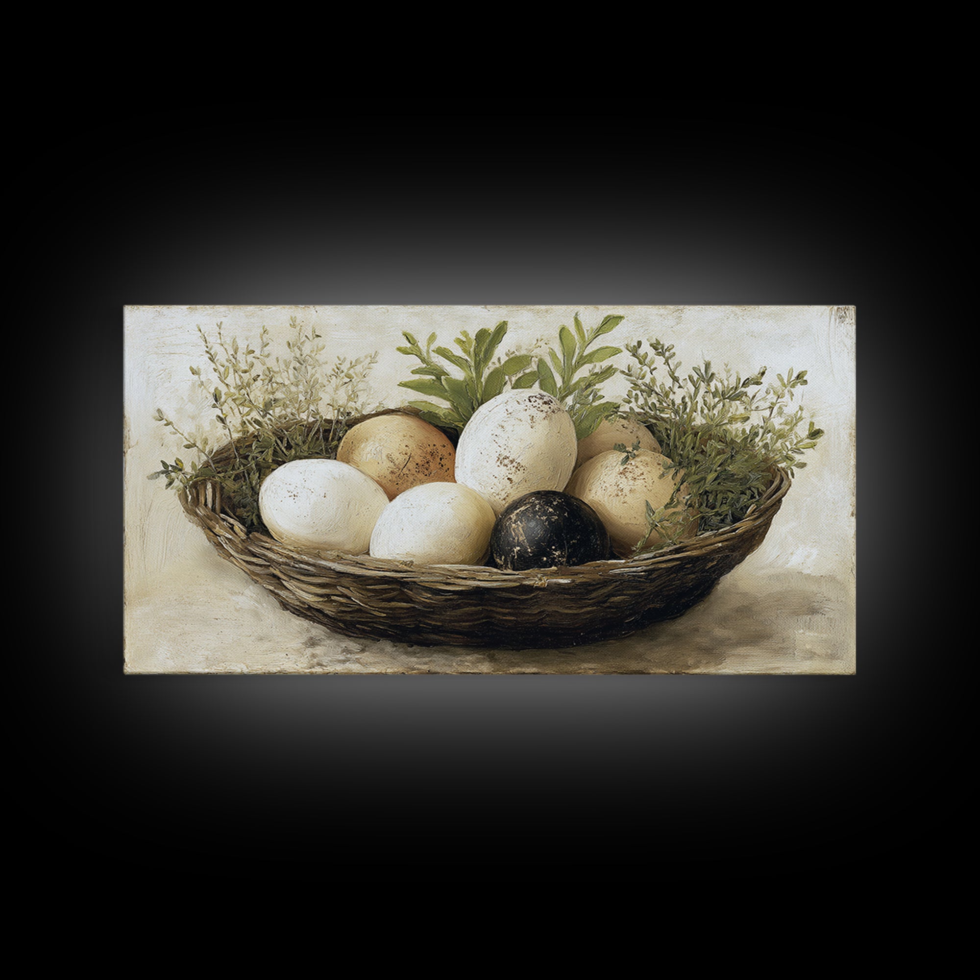 Fresh Eggs in a Woven Basket with Canvas Print, Bed and Breakfast Art, Printable Wall Art, Living Room Decor, Watercolor Art, BAB-2x1-98