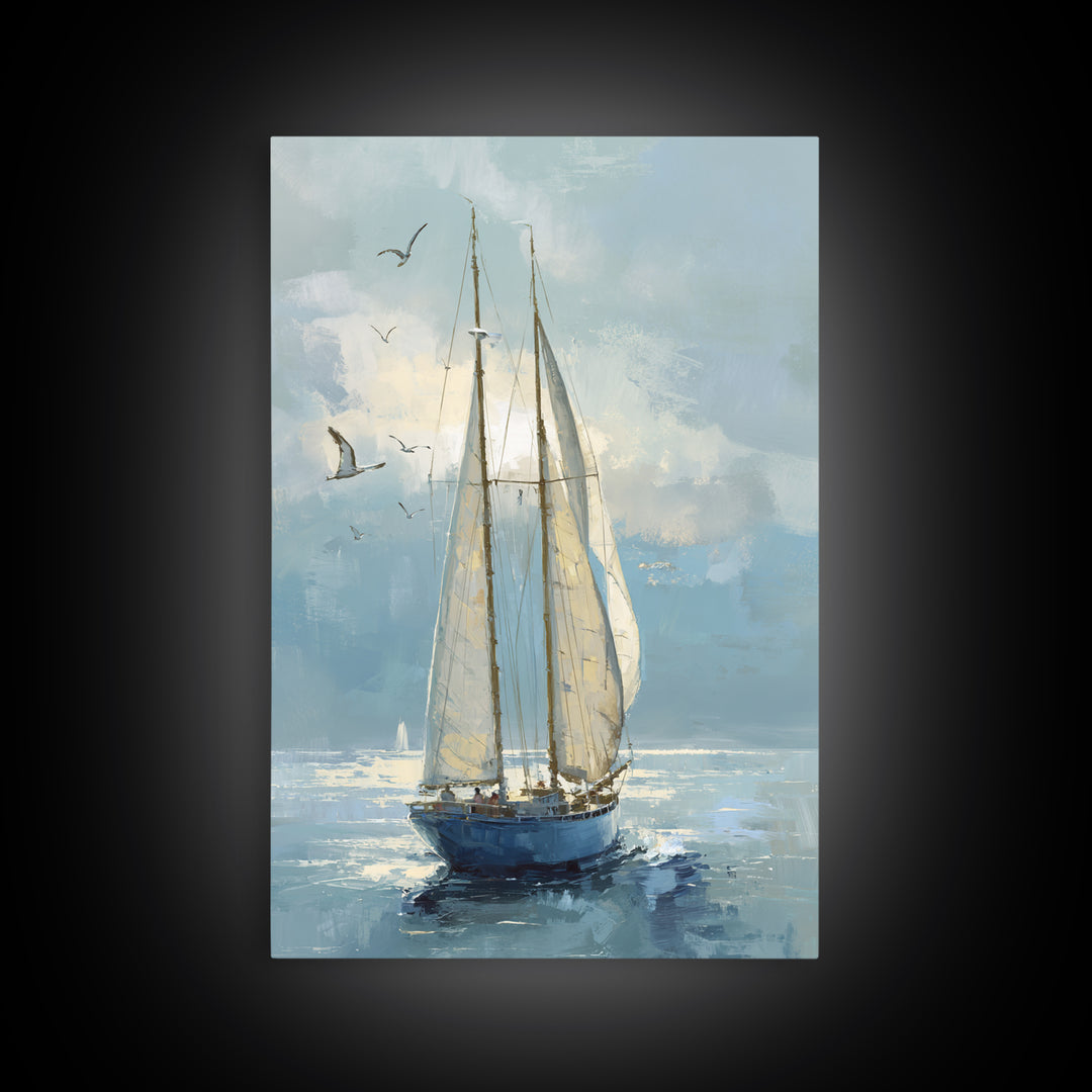 Coastal Inn Sailboat at Sunrise Framed Canvas Print, Bed and Breakfast Art, Printable, Living Room Decor, Fine Art, BAB-2x3-1