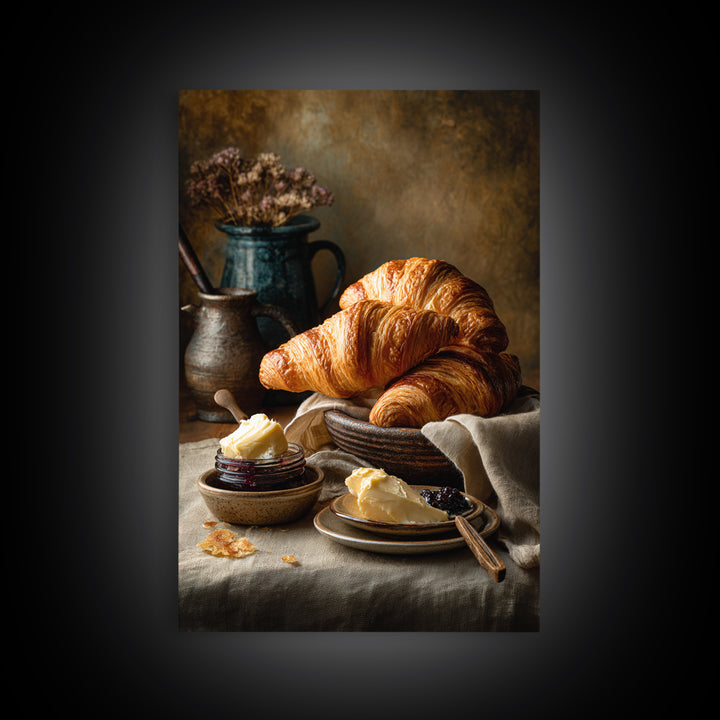 Fresh Croissants and Jam on a Linen Canvas Print, Bed and Breakfast Art, Contemporary Art, Living Room Decor, Abstract Art, BAB-2x3-10